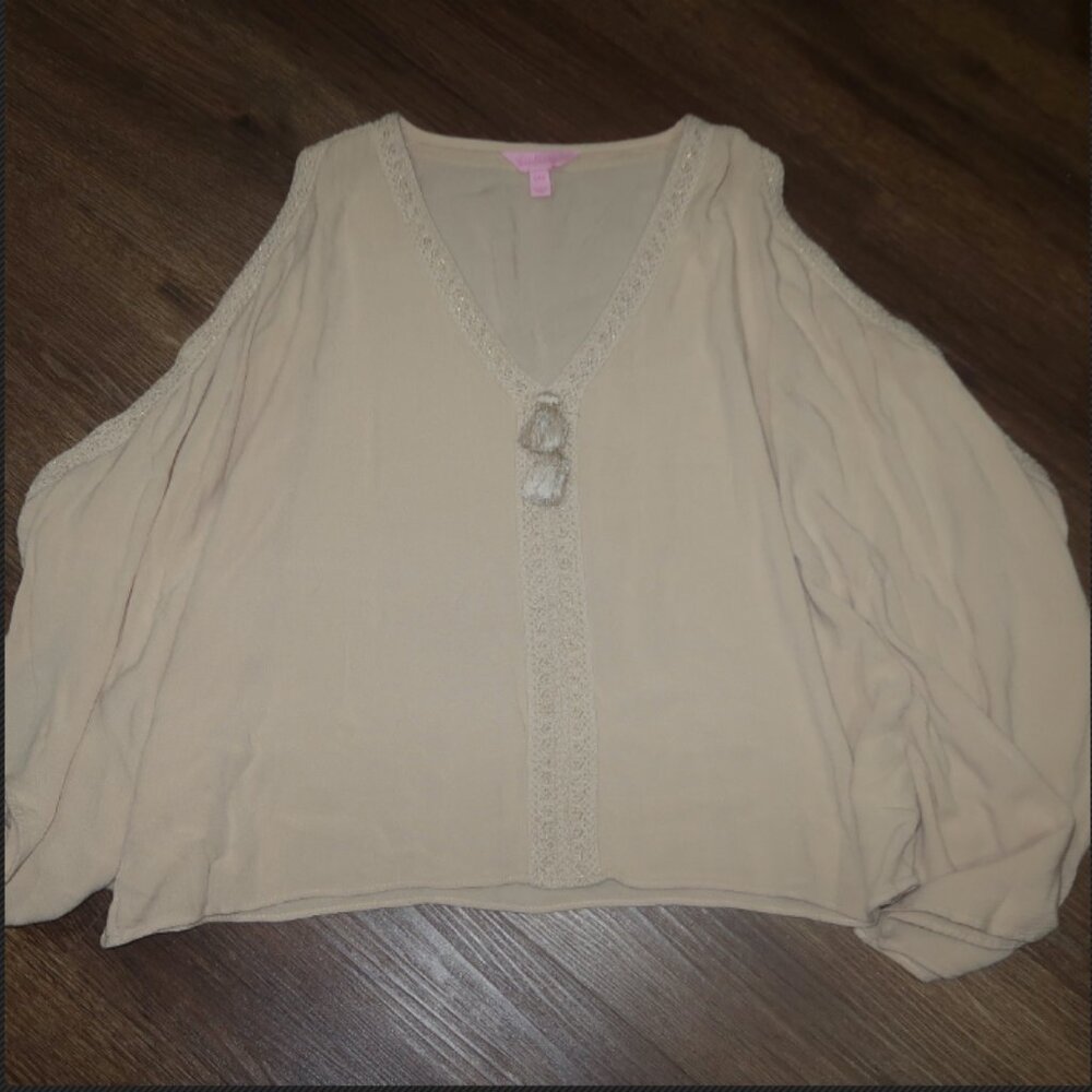 Womens Lilly Pulitzer Julietta Cold Shoulder Top Sand Dune Beige Tan Gold sz S/M - Picture 3 of 5